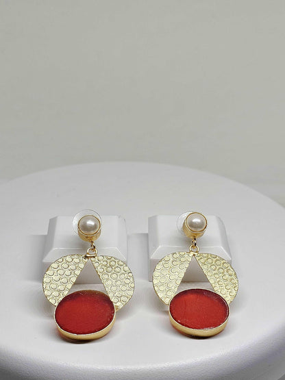 Gold Textured Geometric Dangle Earrings with Red Statement Accents and Pearl Studs – Bold and Elegant Fashion Jewelry for Women, Red Stone