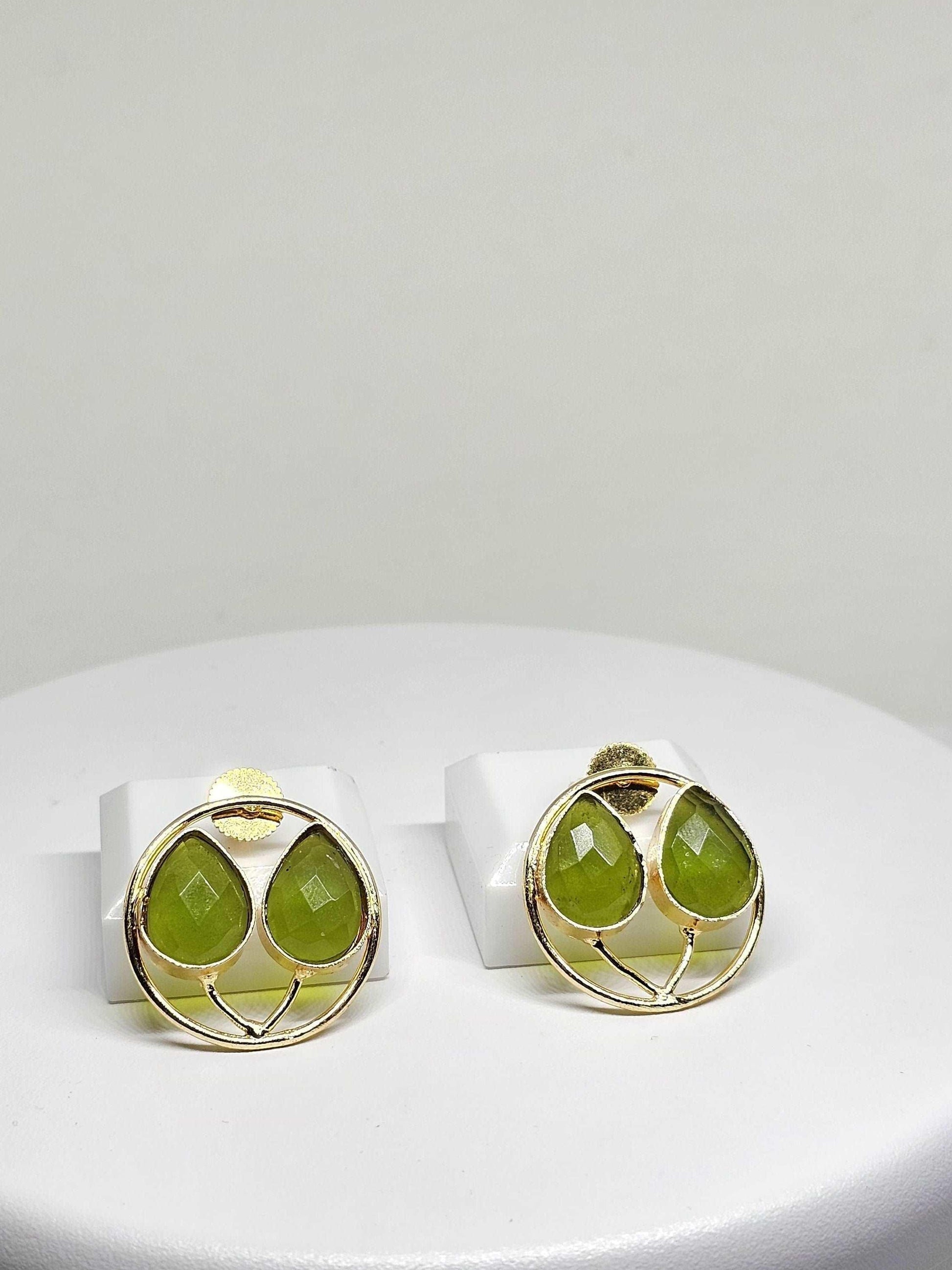 Gold Plated Round Brass Earrings with Faceted Peridot Stones – Handmade Jewelry for Women – Elegant and Stylish Green Gemstone Stud Earrings