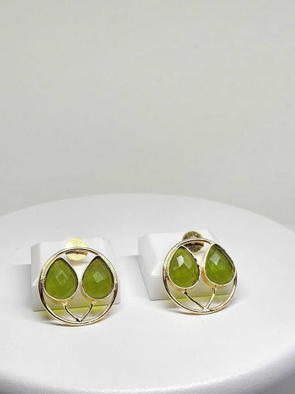 Gold Plated Round Brass Earrings with Faceted Peridot Stones – Handmade Jewelry for Women – Elegant and Stylish Green Gemstone Stud Earrings