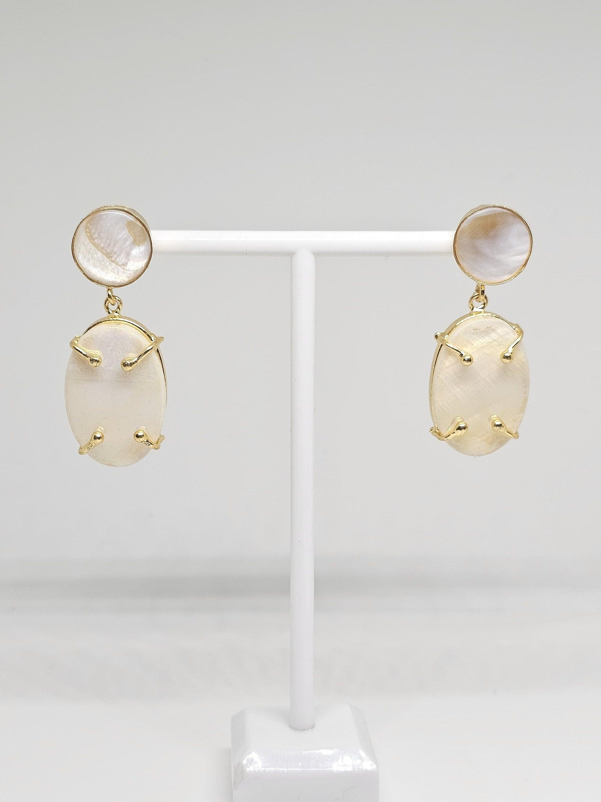 Elegant gold-plated earrings featuring oval-shaped Mother of Pearl stones, perfect for special occasions