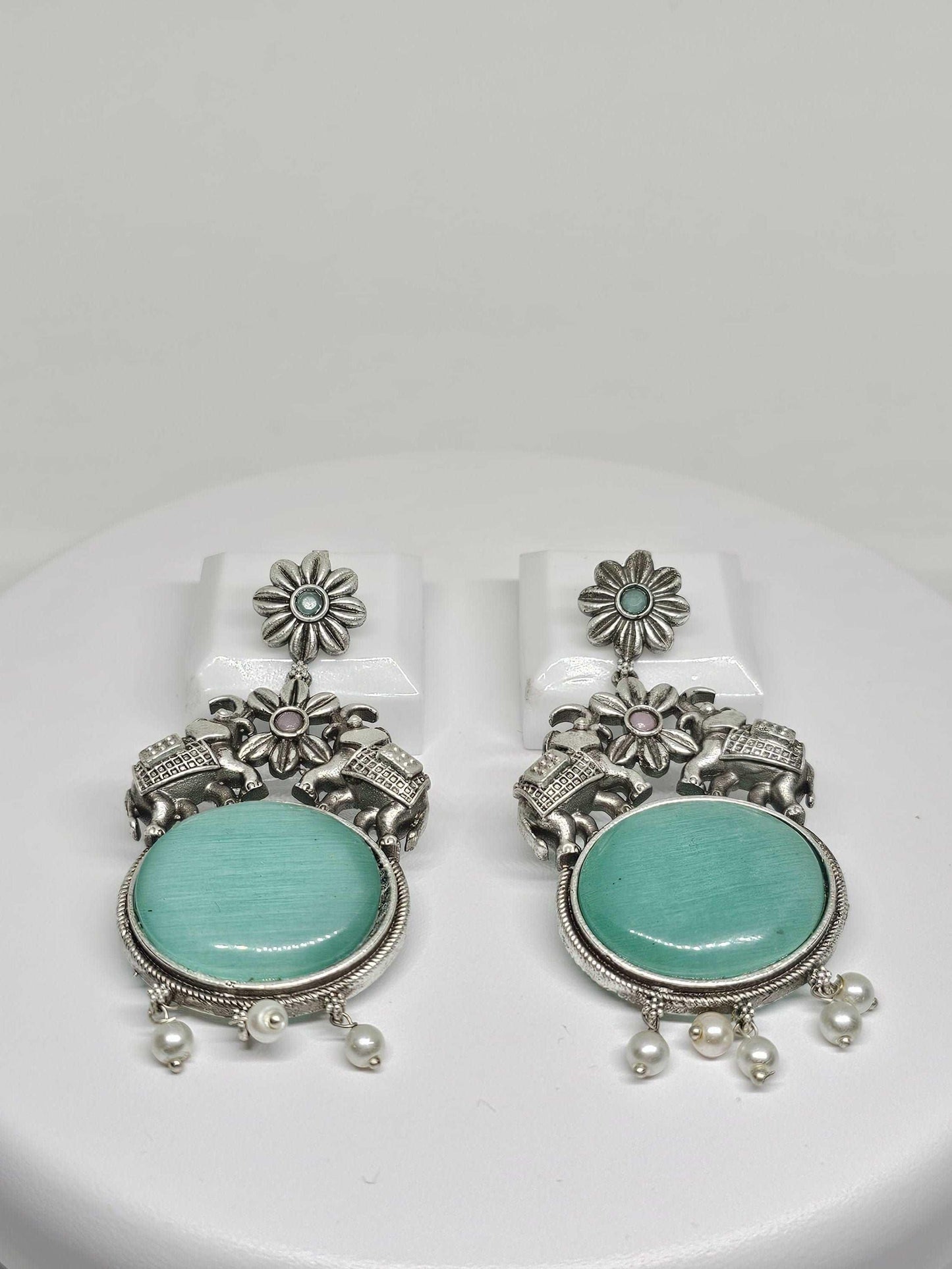Handmade Sterling Silver Elephant Earrings with Aqua Gemstones and Pearl Accents - Boho Statement Jewelry, Indian Inspired Dangle Earrings