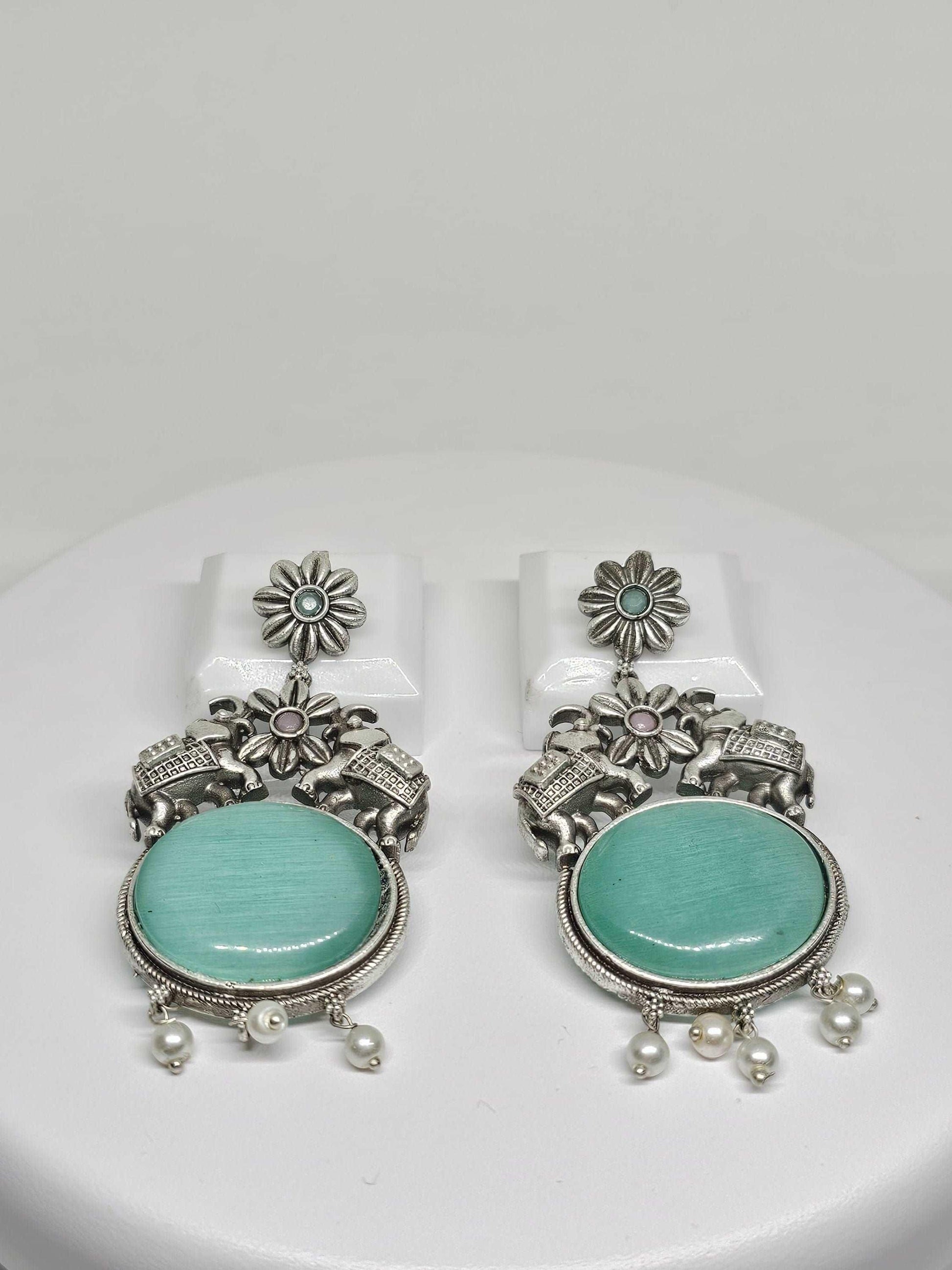 Handmade Sterling Silver Elephant Earrings with Aqua Gemstones and Pearl Accents - Boho Statement Jewelry, Indian Inspired Dangle Earrings