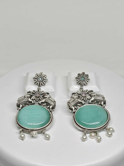 Handmade Sterling Silver Elephant Earrings with Aqua Gemstones and Pearl Accents - Boho Statement Jewelry, Indian Inspired Dangle Earrings