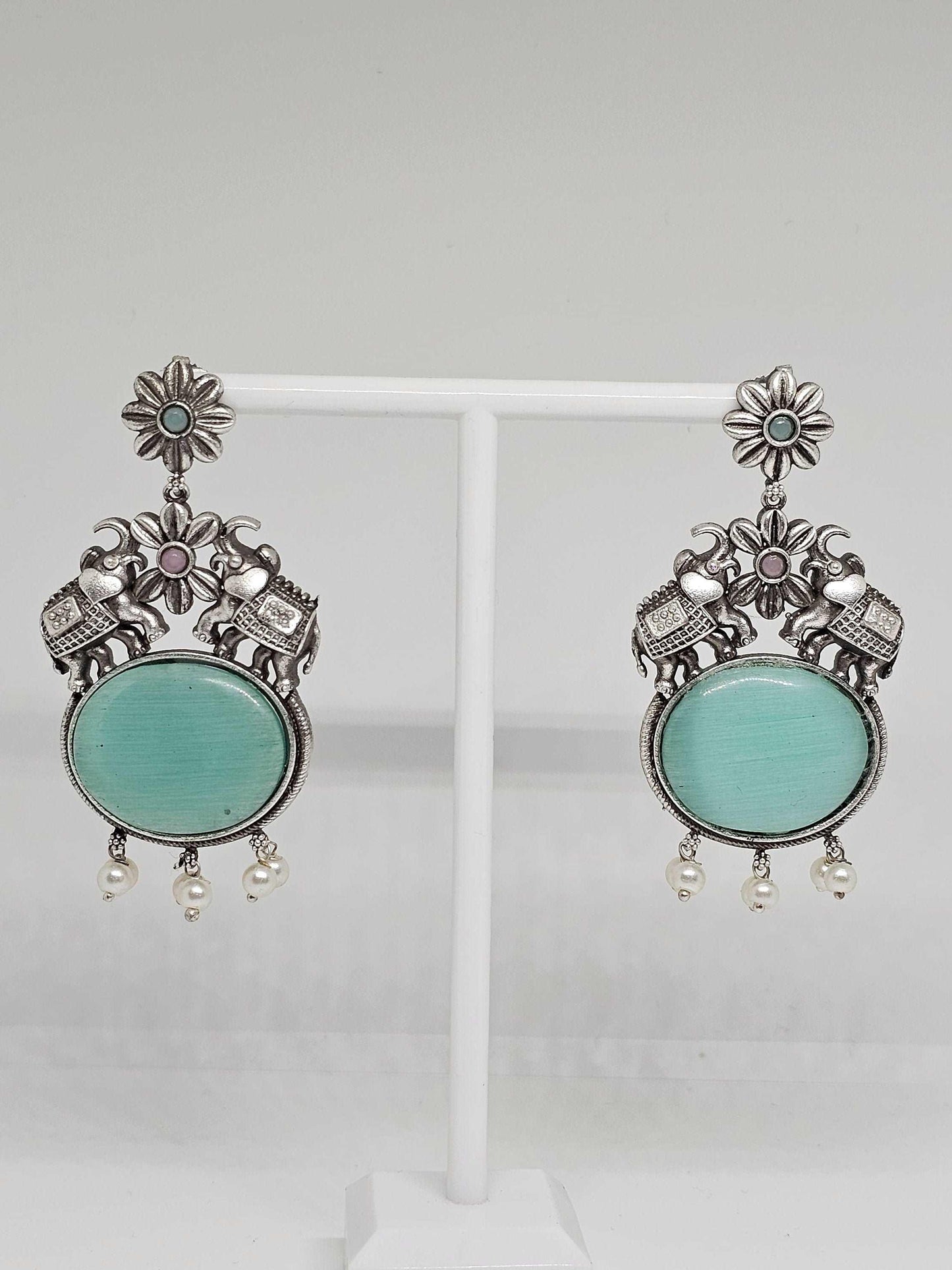 Handmade Sterling Silver Elephant Earrings with Aqua Gemstones and Pearl Accents - Boho Statement Jewelry, Indian Inspired Dangle Earrings