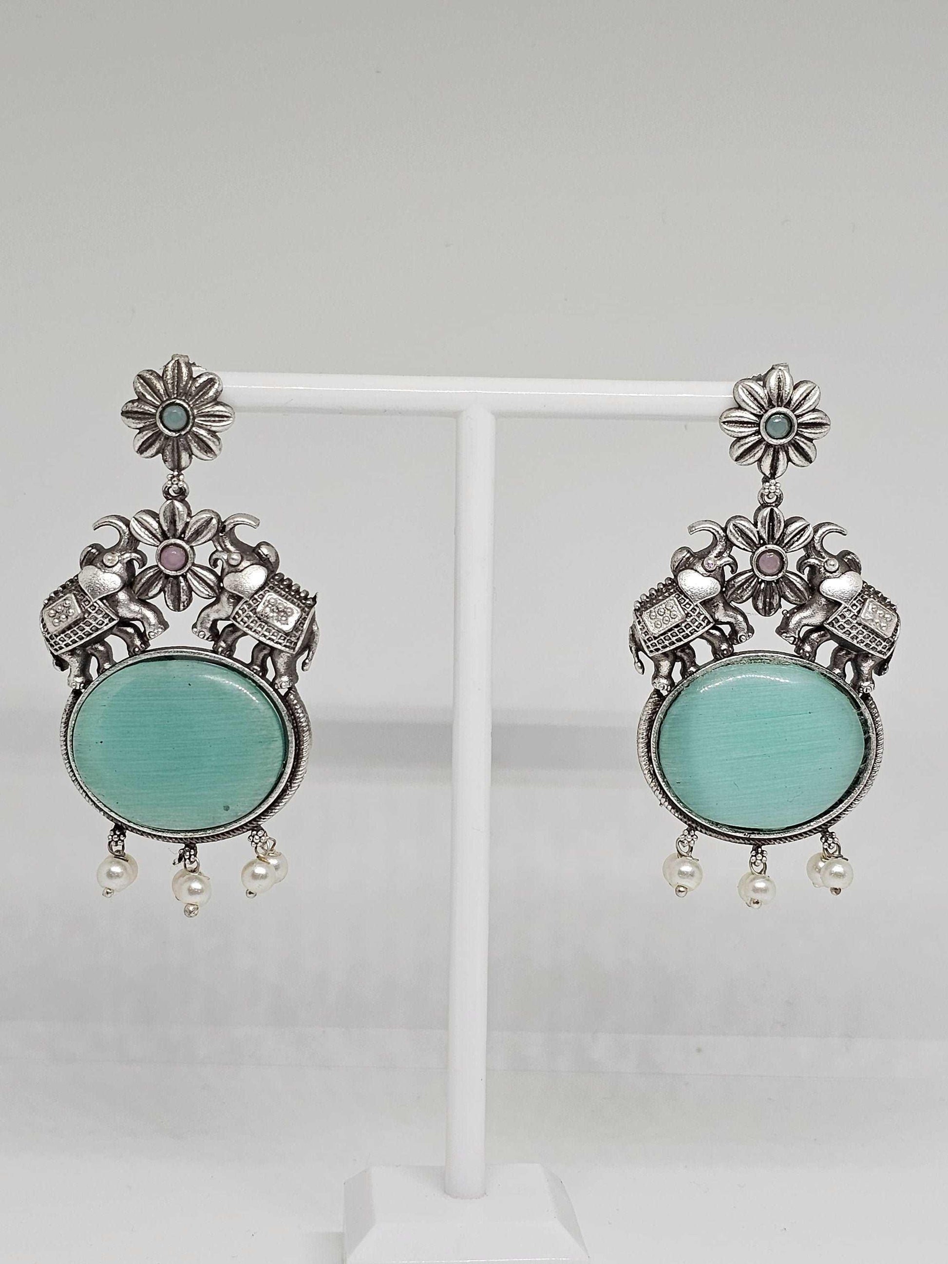 Handmade Sterling Silver Elephant Earrings with Aqua Gemstones and Pearl Accents - Boho Statement Jewelry, Indian Inspired Dangle Earrings