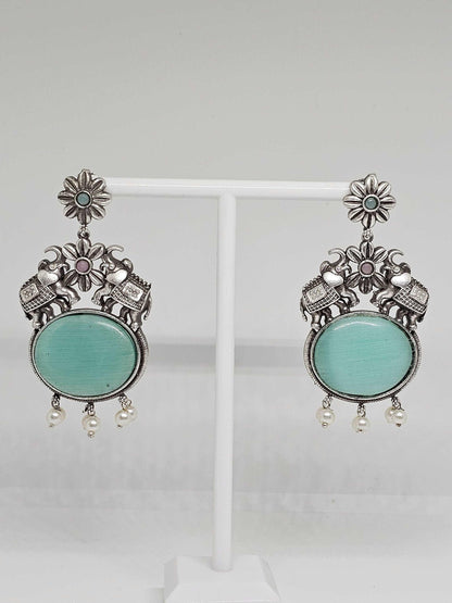 Handmade Sterling Silver Elephant Earrings with Aqua Gemstones and Pearl Accents - Boho Statement Jewelry, Indian Inspired Dangle Earrings