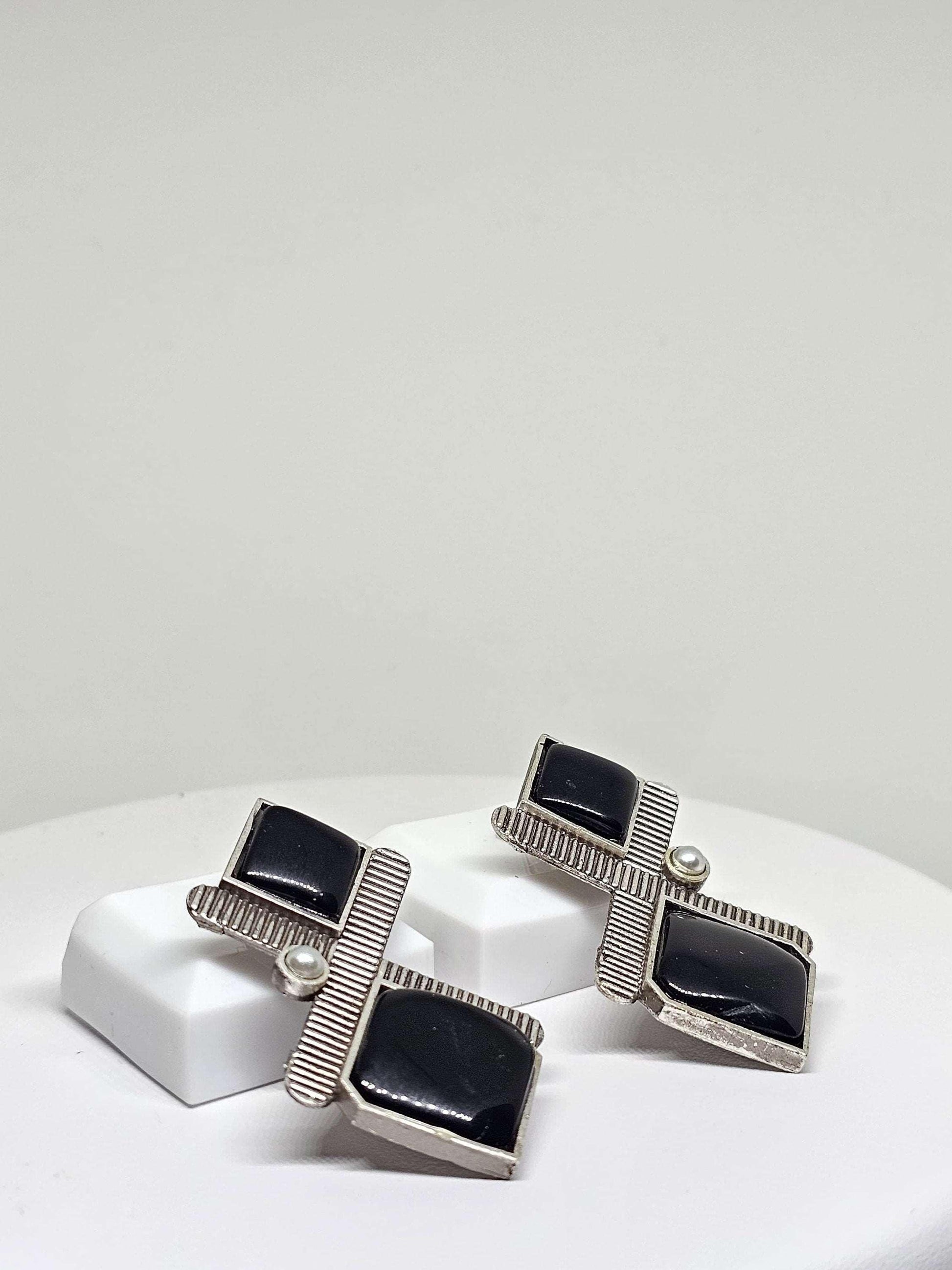 Geometric Black and Red Onyx Stud Earrings - Handmade Silver Plated Brass - Modern Statement Jewelry for Women - Artisan Gifts for Girls