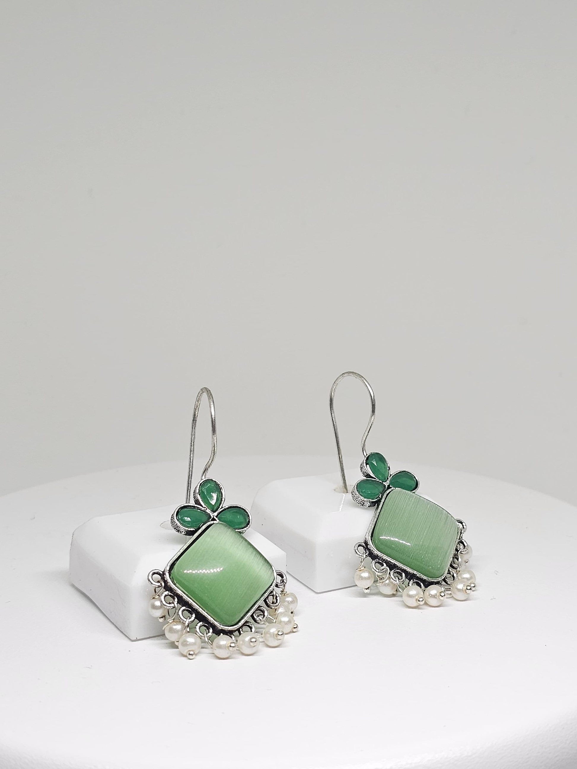 Handcrafted Green or Blue Gemstone Earrings with Pearl Accents - Boho Silver Dangle Earrings, Elegant Statement Jewelry for Women, Gift Idea
