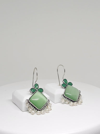 Handcrafted Green or Blue Gemstone Earrings with Pearl Accents - Boho Silver Dangle Earrings, Elegant Statement Jewelry for Women, Gift Idea