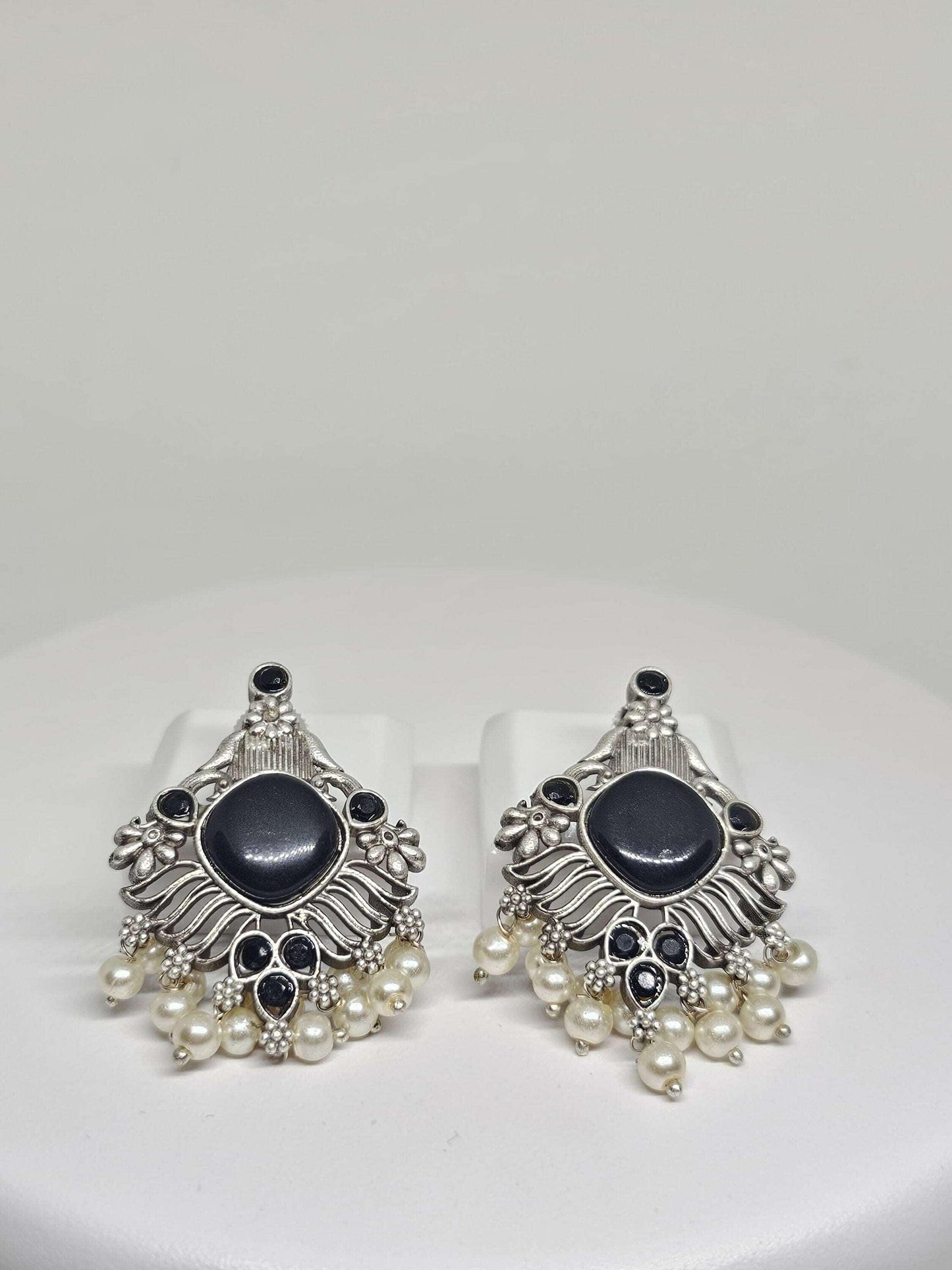 Handmade silver chandelier earrings with black stones and pearls, boho statement jewelry