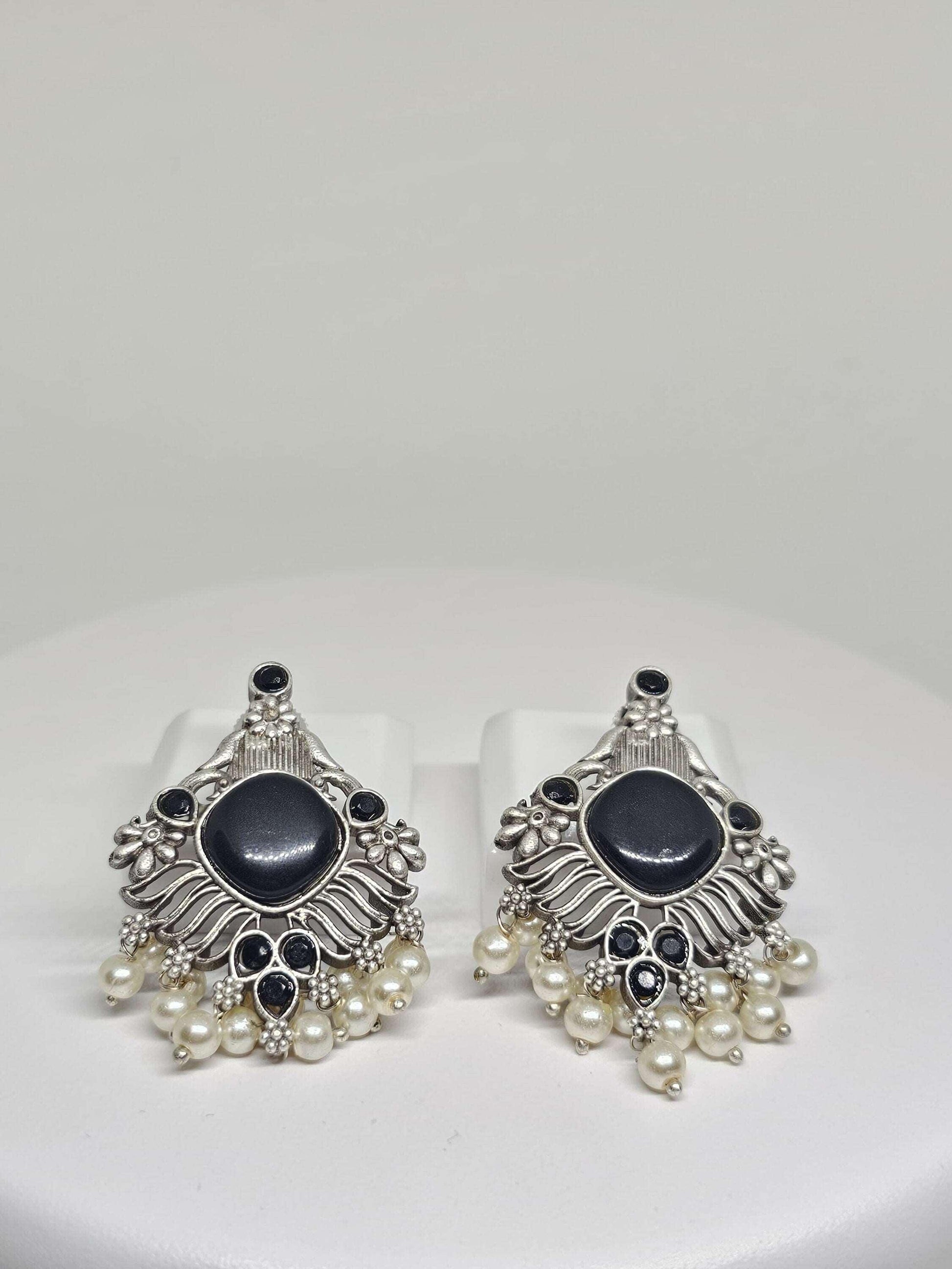 Handmade silver chandelier earrings with black stones and pearls, boho statement jewelry