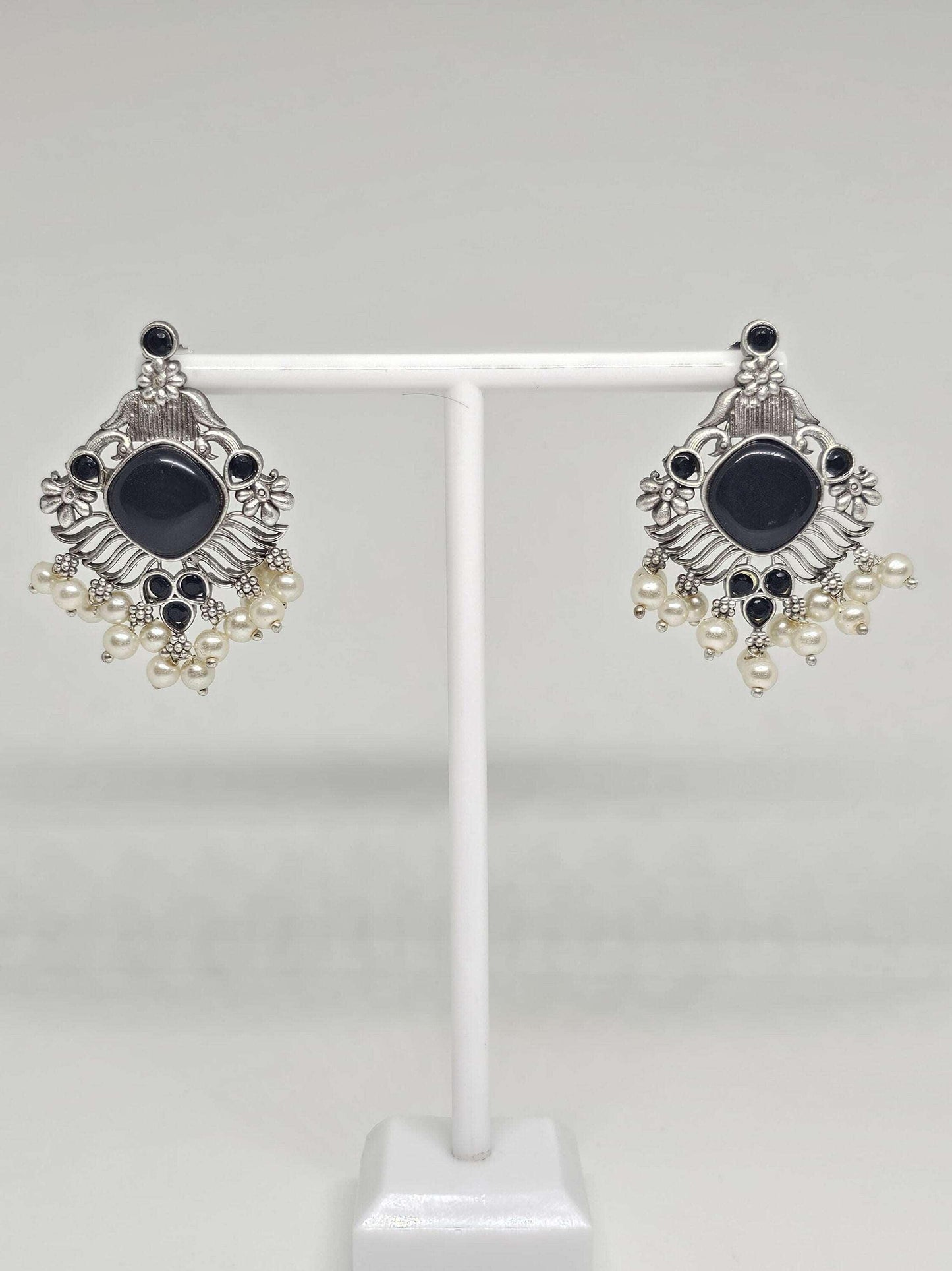 Vintage style black stone silver chandelier earrings with pearl accents