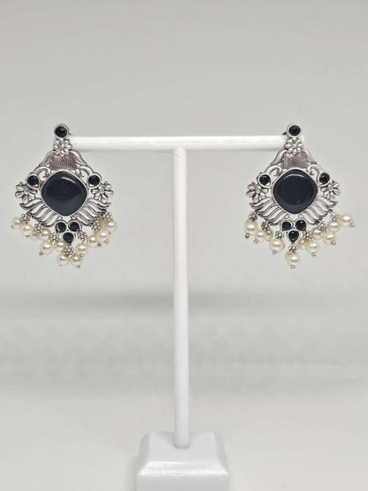 Vintage style black stone silver chandelier earrings with pearl accents