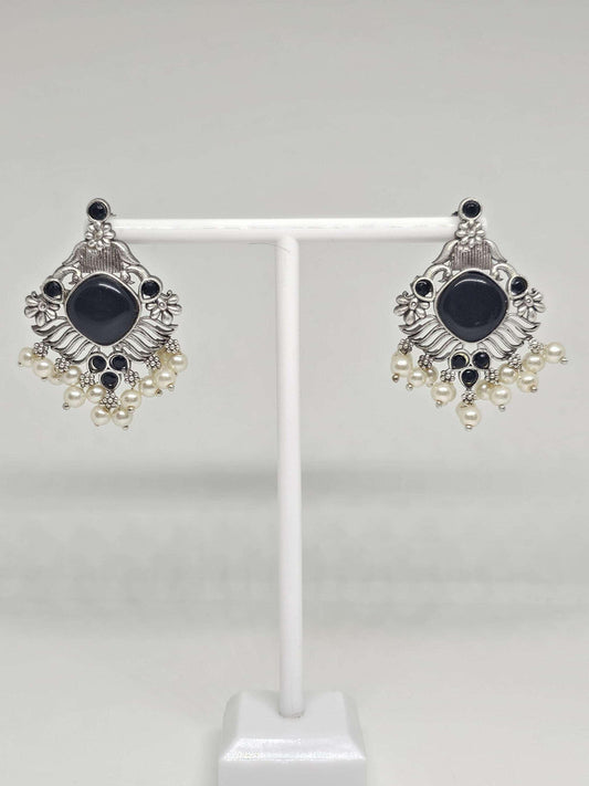 Vintage style black stone silver chandelier earrings with pearl accents
