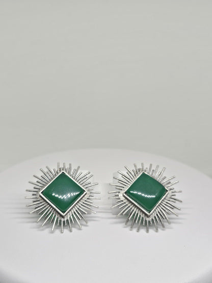 Handmade boho chic earrings with green stones and silver sunburst design