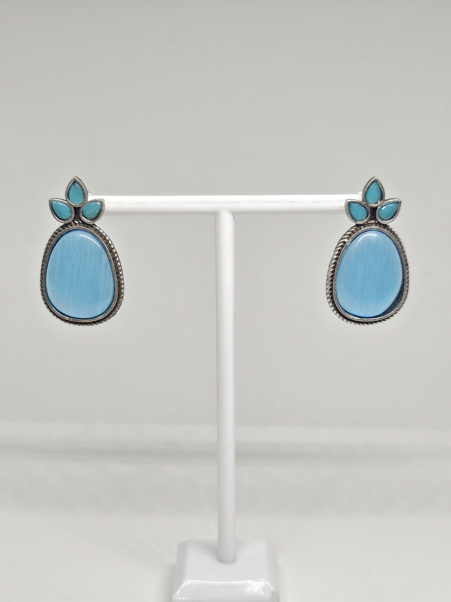 Blue Monalisa Stone Drop Earrings with Silver Finish - Boho Style Handmade Jewelry, Ethnic Indian Fashion Accessory , Leaf and Oval shaped