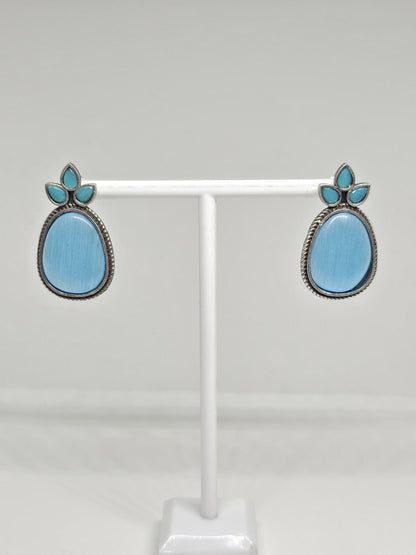 Blue Monalisa Stone Drop Earrings with Silver Finish - Boho Style Handmade Jewelry, Ethnic Indian Fashion Accessory , Leaf and Oval shaped