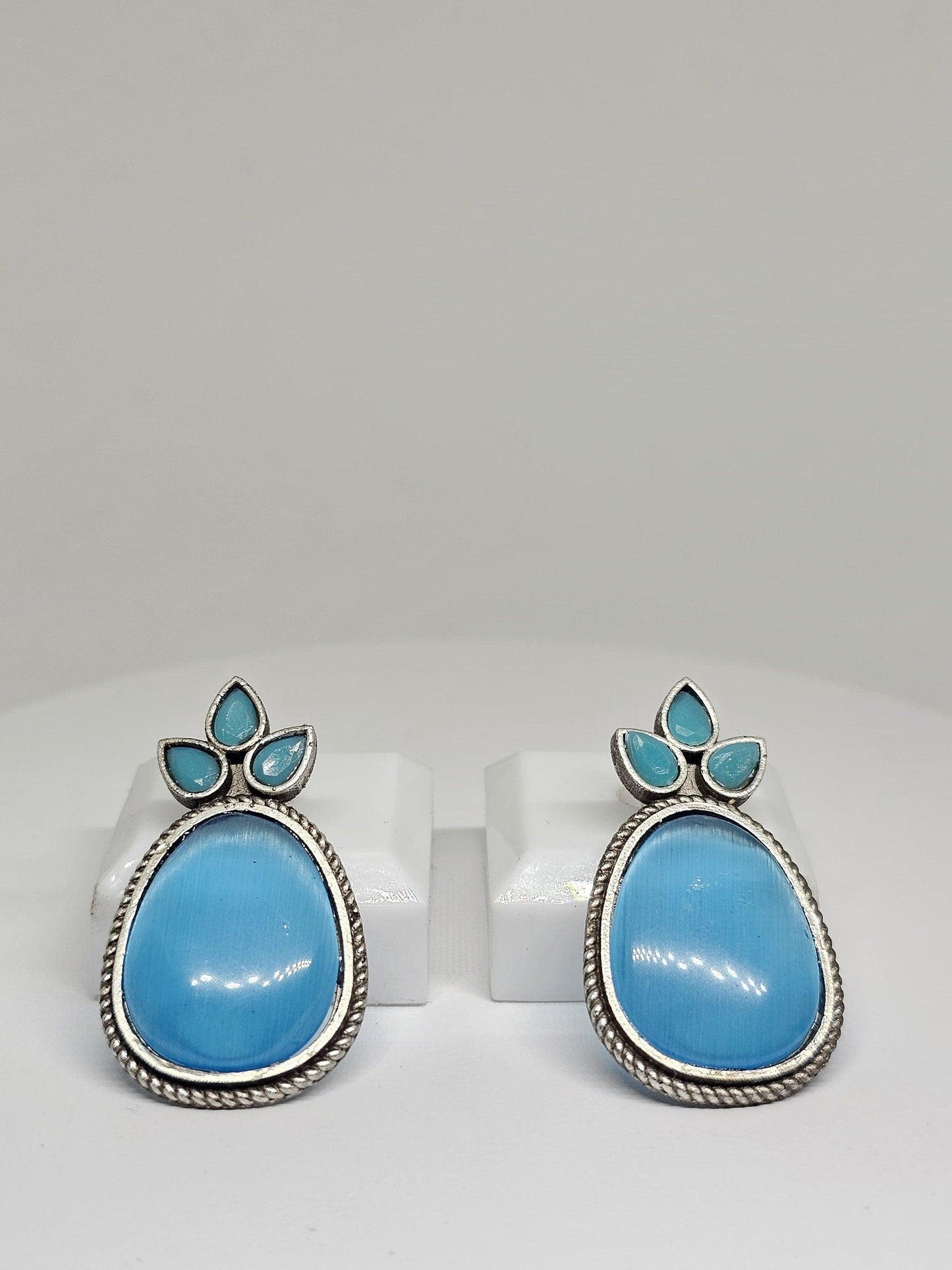 Blue Monalisa Stone Drop Earrings with Silver Finish - Boho Style Handmade Jewelry, Ethnic Indian Fashion Accessory , Leaf and Oval shaped