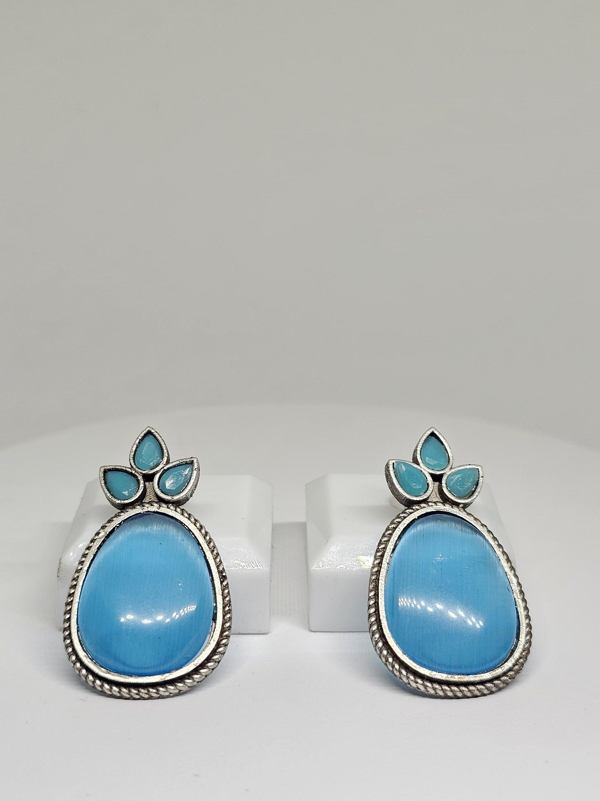 Blue Monalisa Stone Drop Earrings with Silver Finish - Boho Style Handmade Jewelry, Ethnic Indian Fashion Accessory , Leaf and Oval shaped