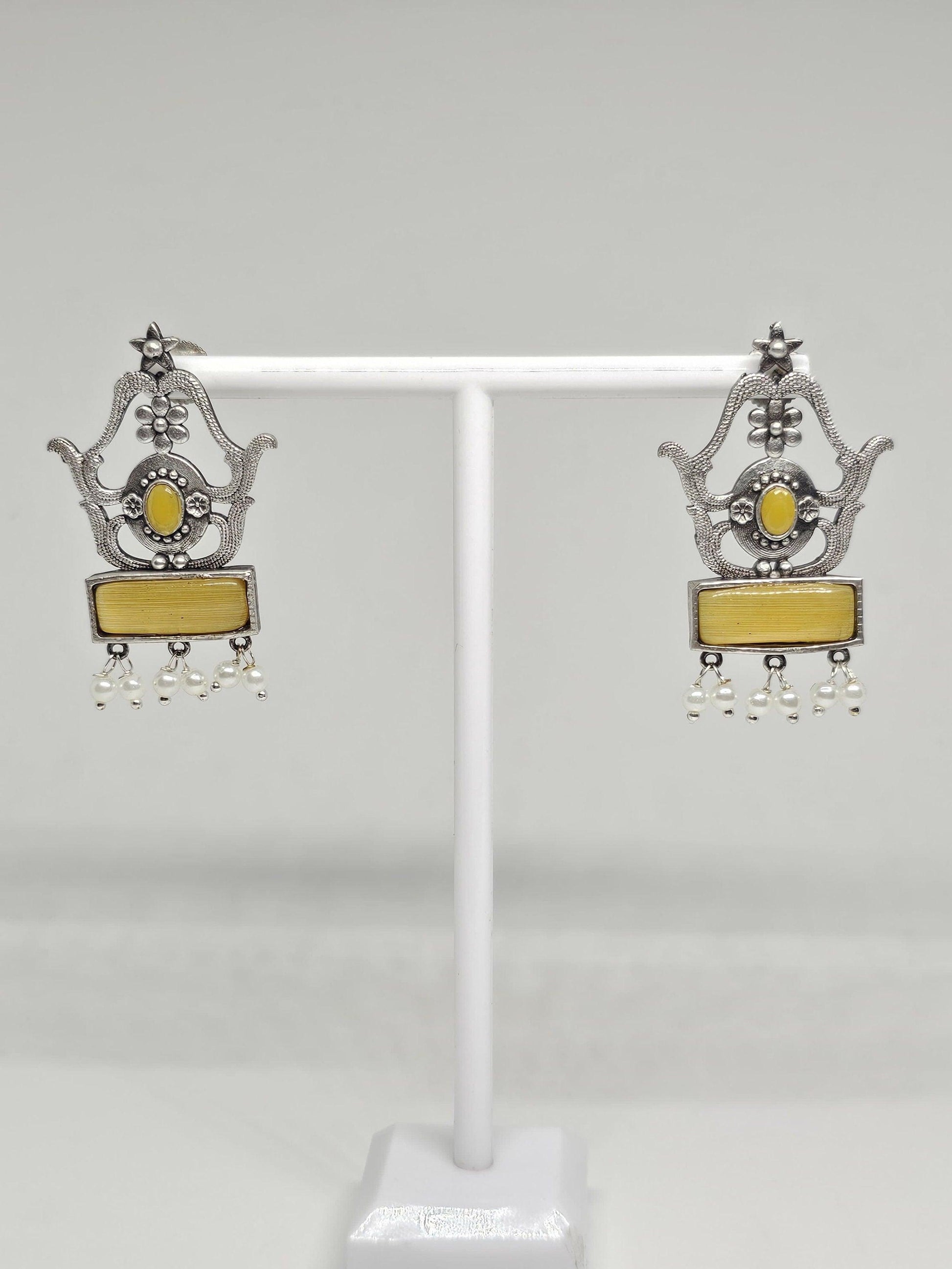 Antique silver yellow Monalisa stone dangle earrings with pearls, ethnic Indian handmade jewelry