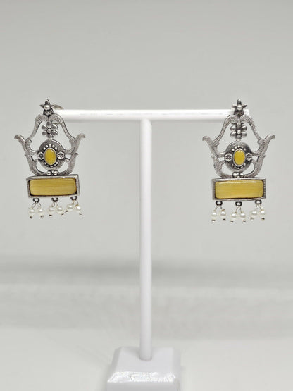 Antique silver yellow Monalisa stone dangle earrings with pearls, ethnic Indian handmade jewelry