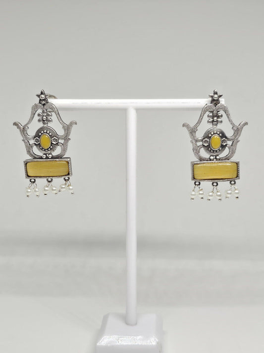Antique silver yellow Monalisa stone dangle earrings with pearls, ethnic Indian handmade jewelry