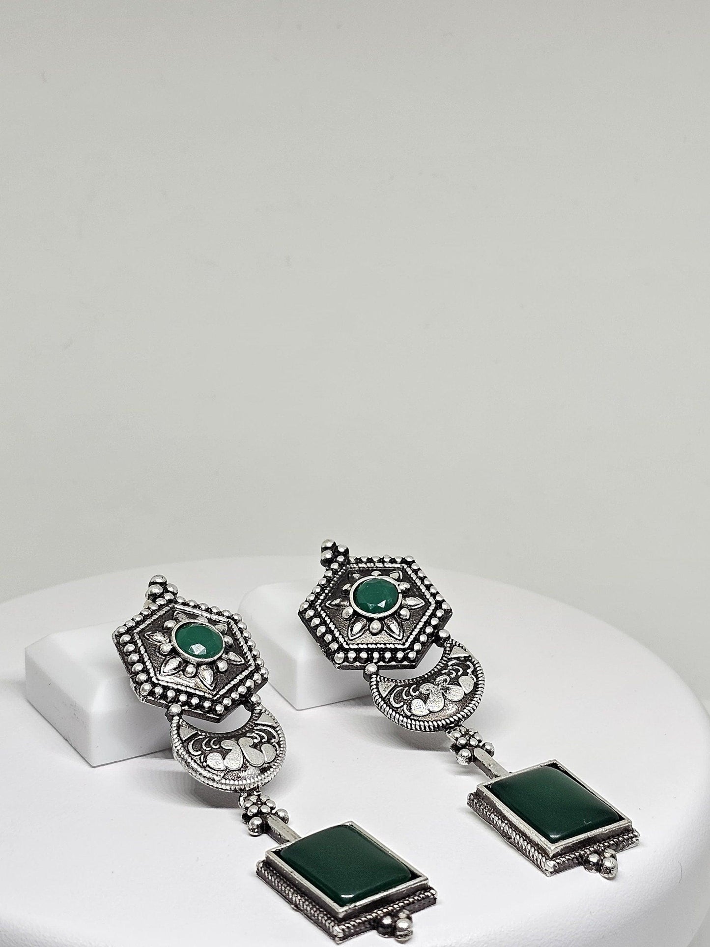 Vintage-style silver statement earrings with green stones, boho chic jewelry for women