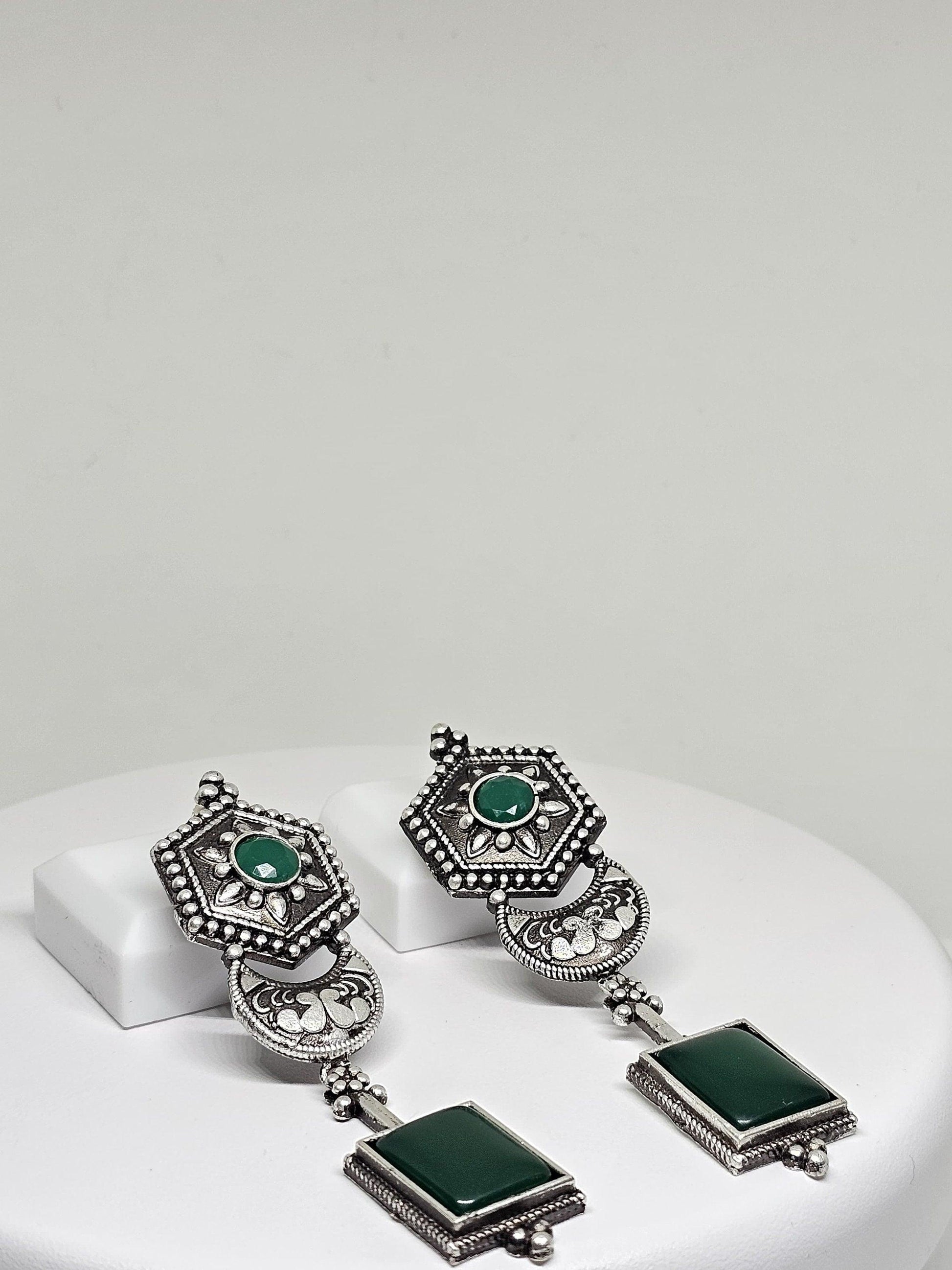 Vintage-style silver statement earrings with green stones, boho chic jewelry for women