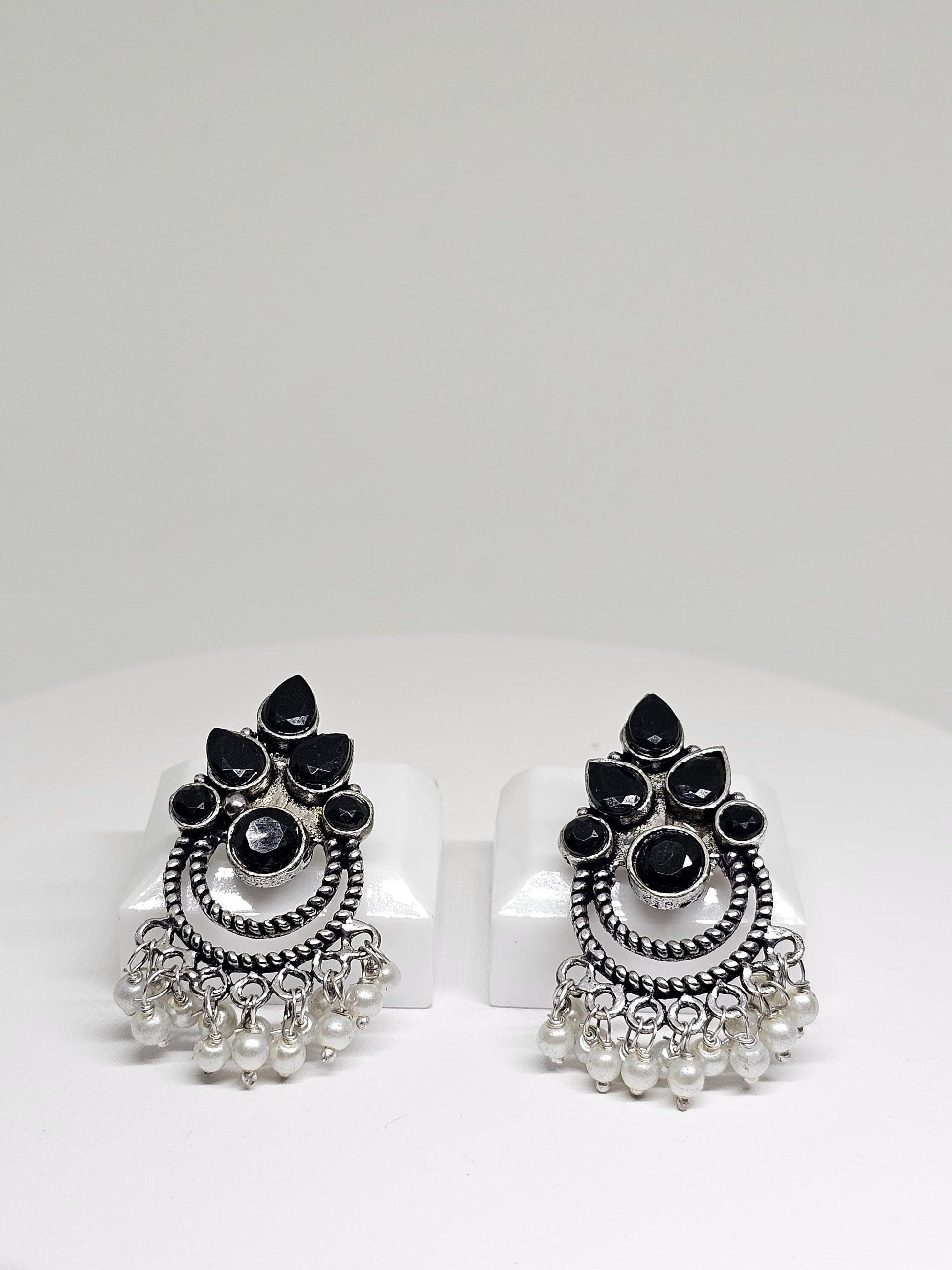 Ethnic silver chandbali earrings with black onyx and pearl accents, boho style drop earrings