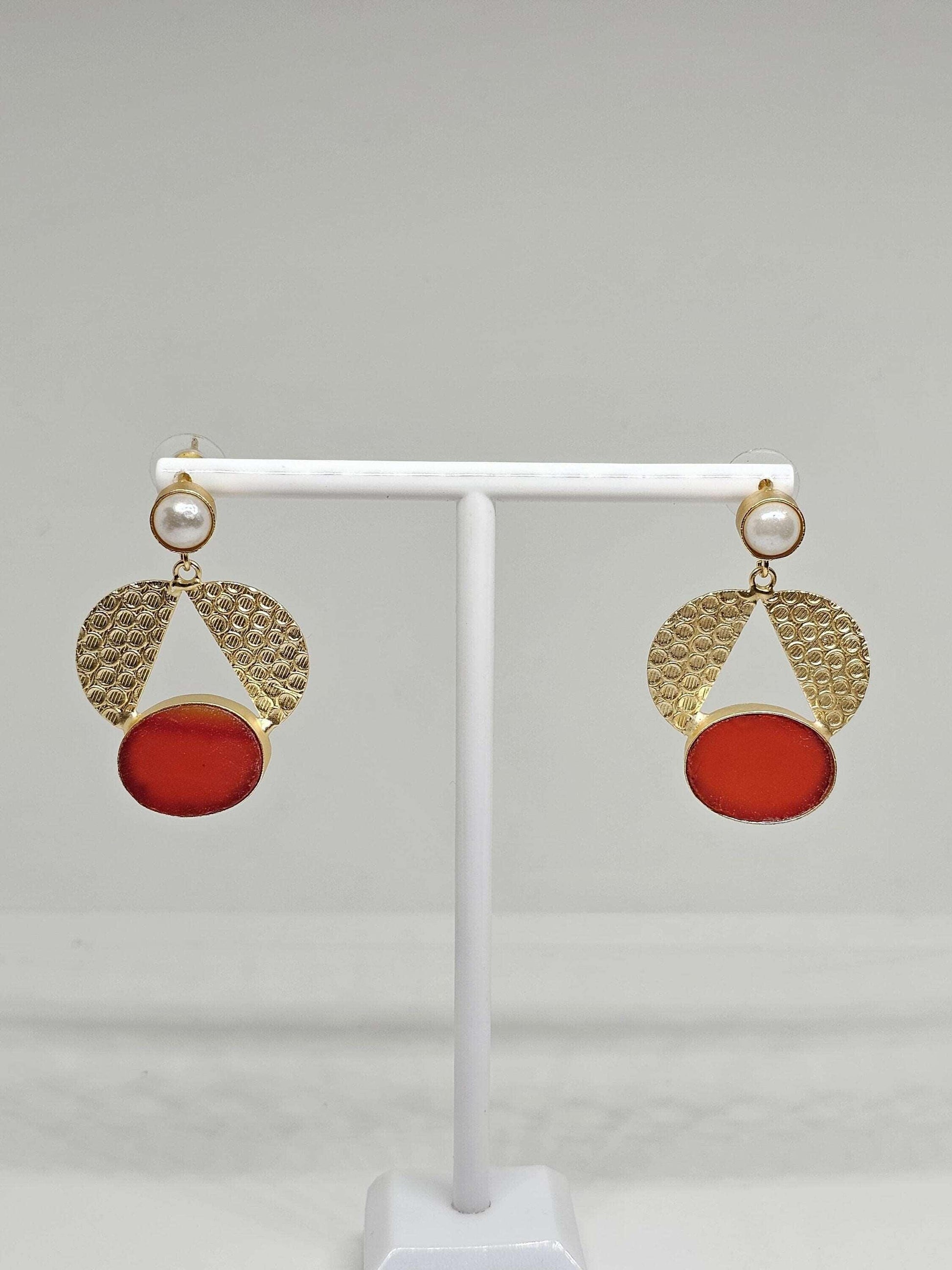 Gold Textured Geometric Dangle Earrings with Red Statement Accents and Pearl Studs – Bold and Elegant Fashion Jewelry for Women, Red Stone