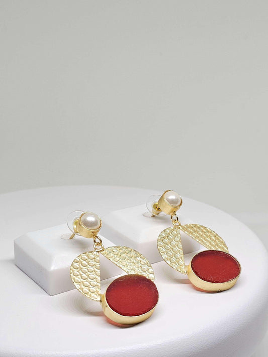 Gold Textured Geometric Dangle Earrings with Red Statement Accents and Pearl Studs – Bold and Elegant Fashion Jewelry for Women, Red Stone