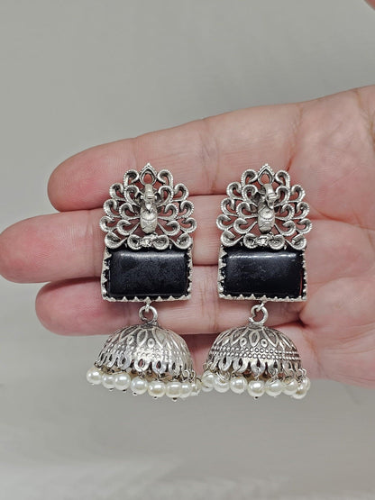 Silver Jhumka Earrings with Blue or Black Stones, Traditional Indian Jewelry, Pearl Dangle Ethnic Earrings, Handcrafted Boho Accessories
