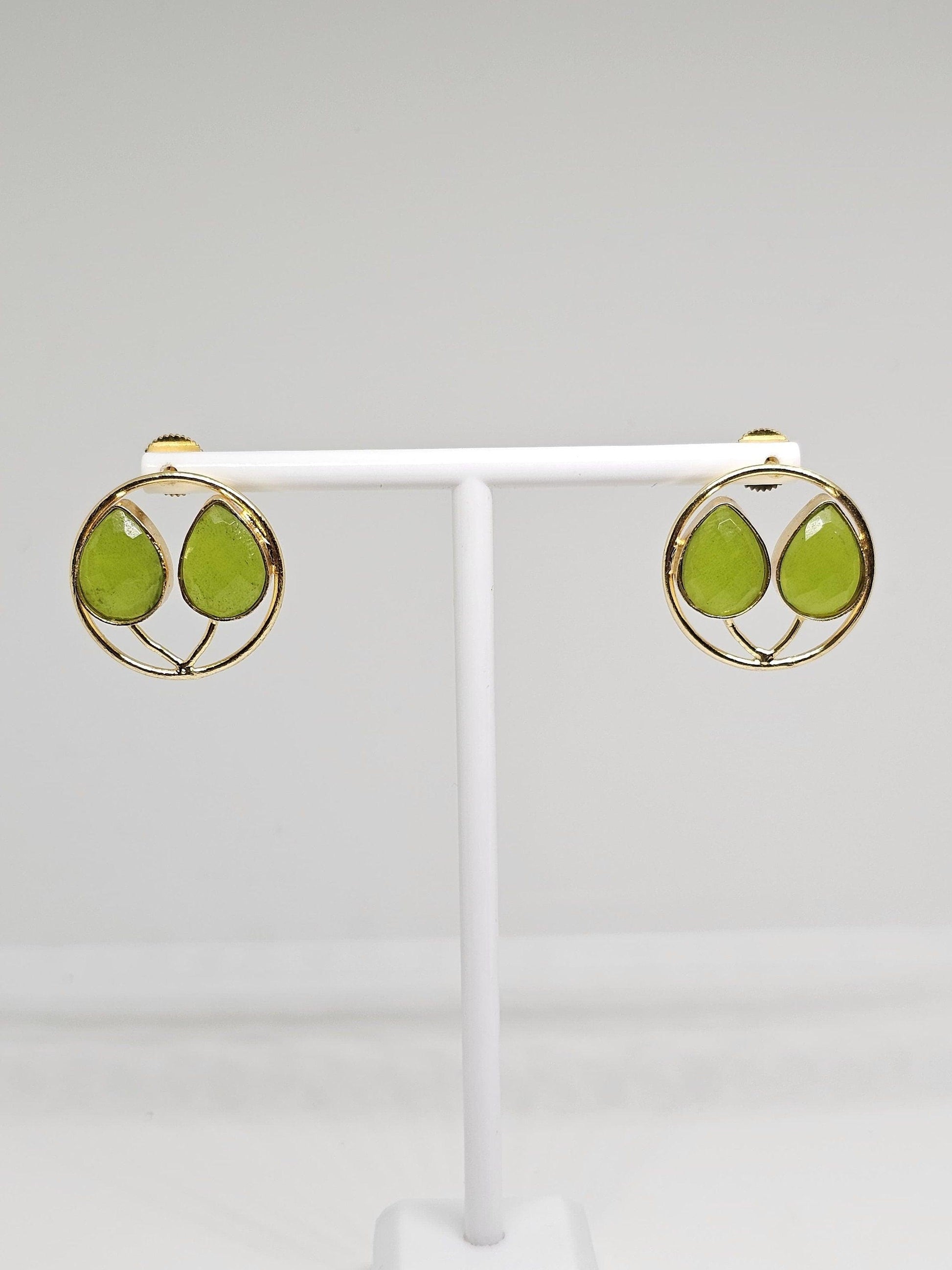 Gold Plated Round Brass Earrings with Faceted Peridot Stones – Handmade Jewelry for Women – Elegant and Stylish Green Gemstone Stud Earrings