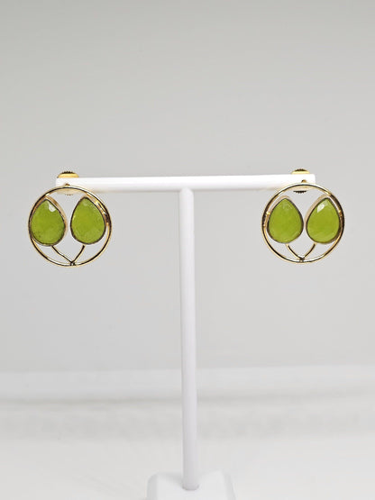 Gold Plated Round Brass Earrings with Faceted Peridot Stones – Handmade Jewelry for Women – Elegant and Stylish Green Gemstone Stud Earrings