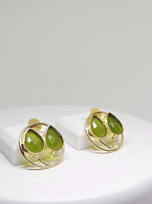 Gold Plated Round Brass Earrings with Faceted Peridot Stones – Handmade Jewelry for Women – Elegant and Stylish Green Gemstone Stud Earrings