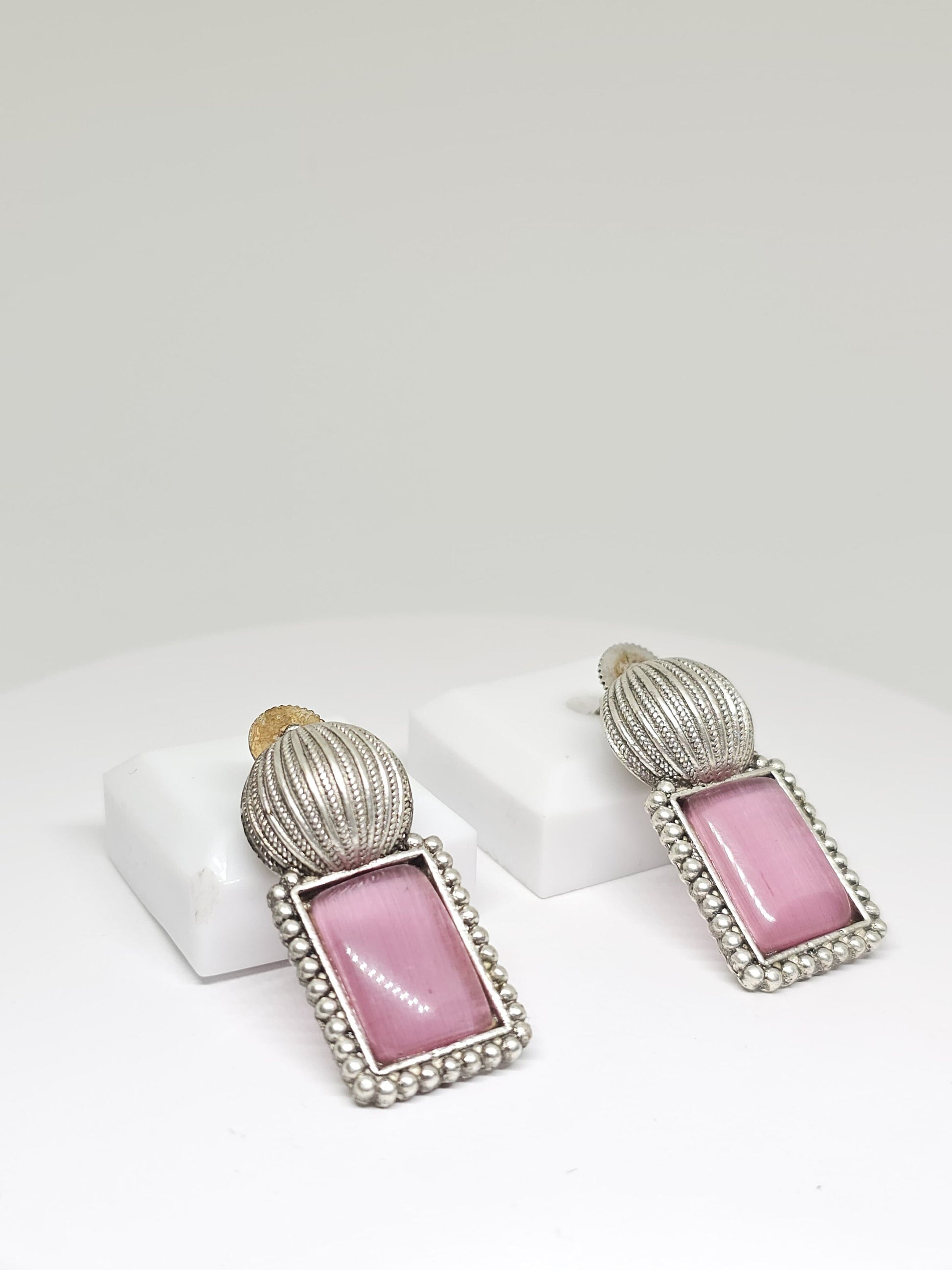 Boho ethnic earrings with pink Monalisa stone and silver bead accents