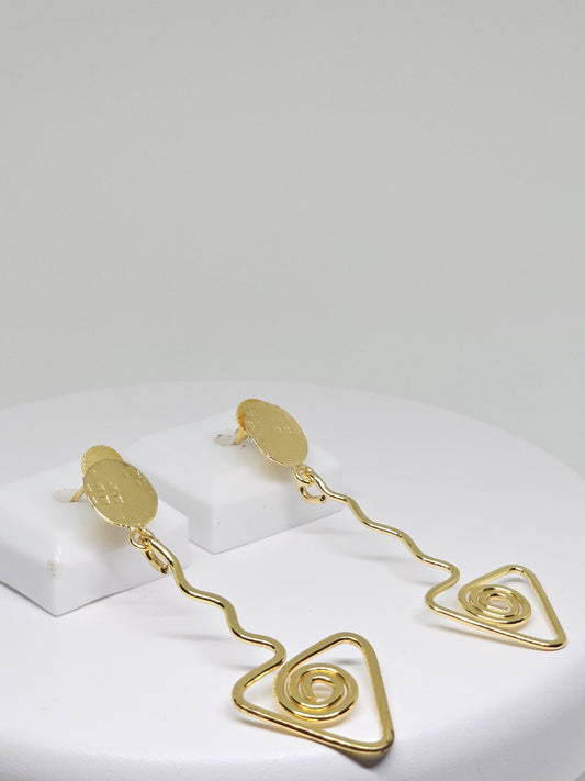 Brass dangle earrings with geometric spiral triangle and wavy line design