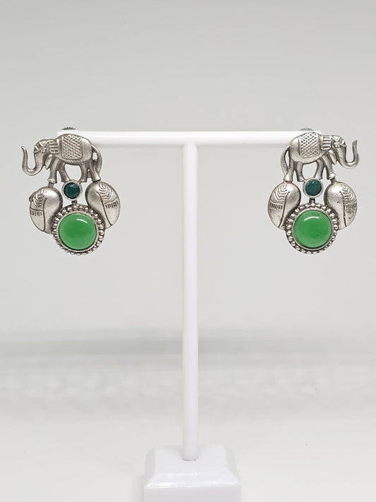 Handcrafted Silver Elephant Earrings with Green or Red Stones – Unique Ethnic Tribal Jewelry, Boho Chic Statement Accessories for Women