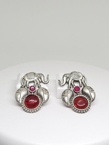 Handcrafted Silver Elephant Earrings with Green or Red Stones – Unique Ethnic Tribal Jewelry, Boho Chic Statement Accessories for Women