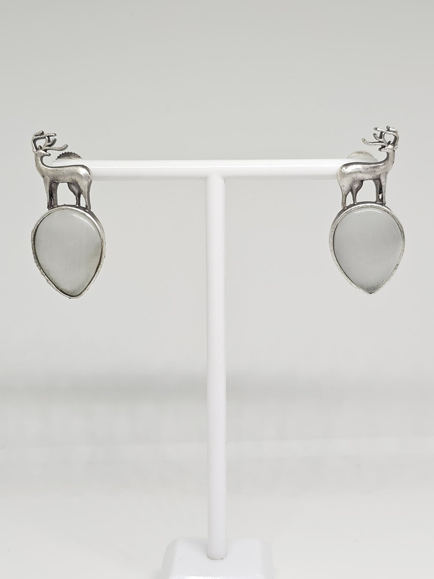 Deer Stag Silver Stone Earrings