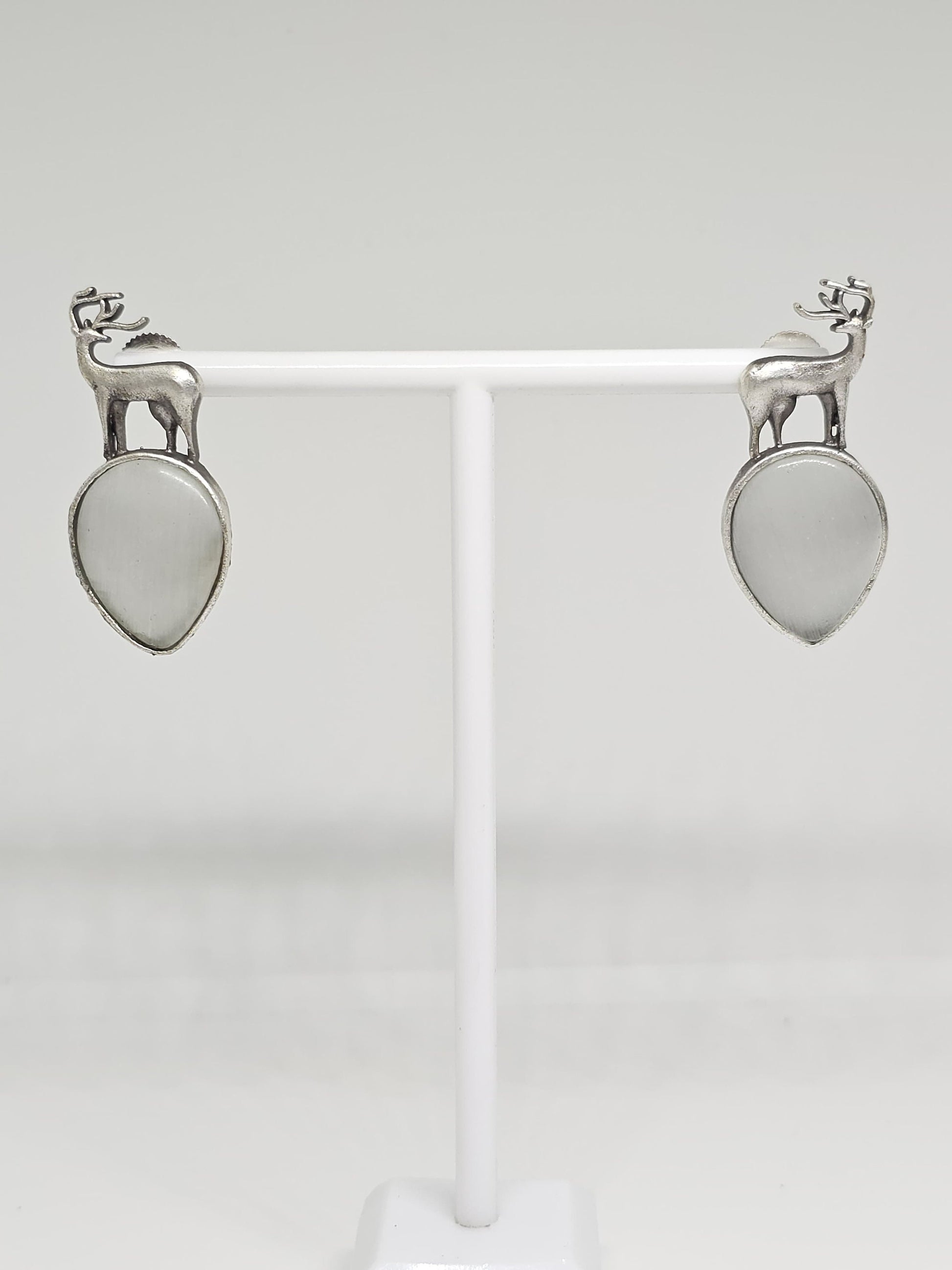 Deer Stag Silver Stone Earrings