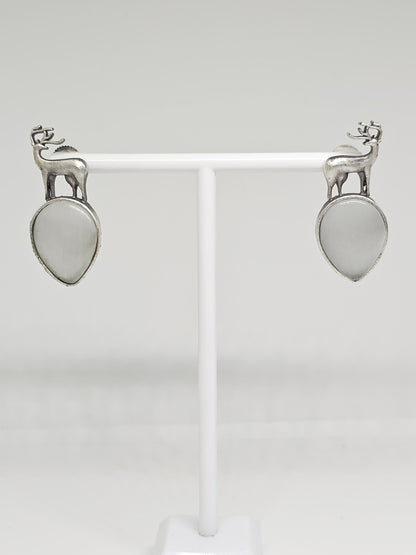 Deer Stag Silver Stone Earrings