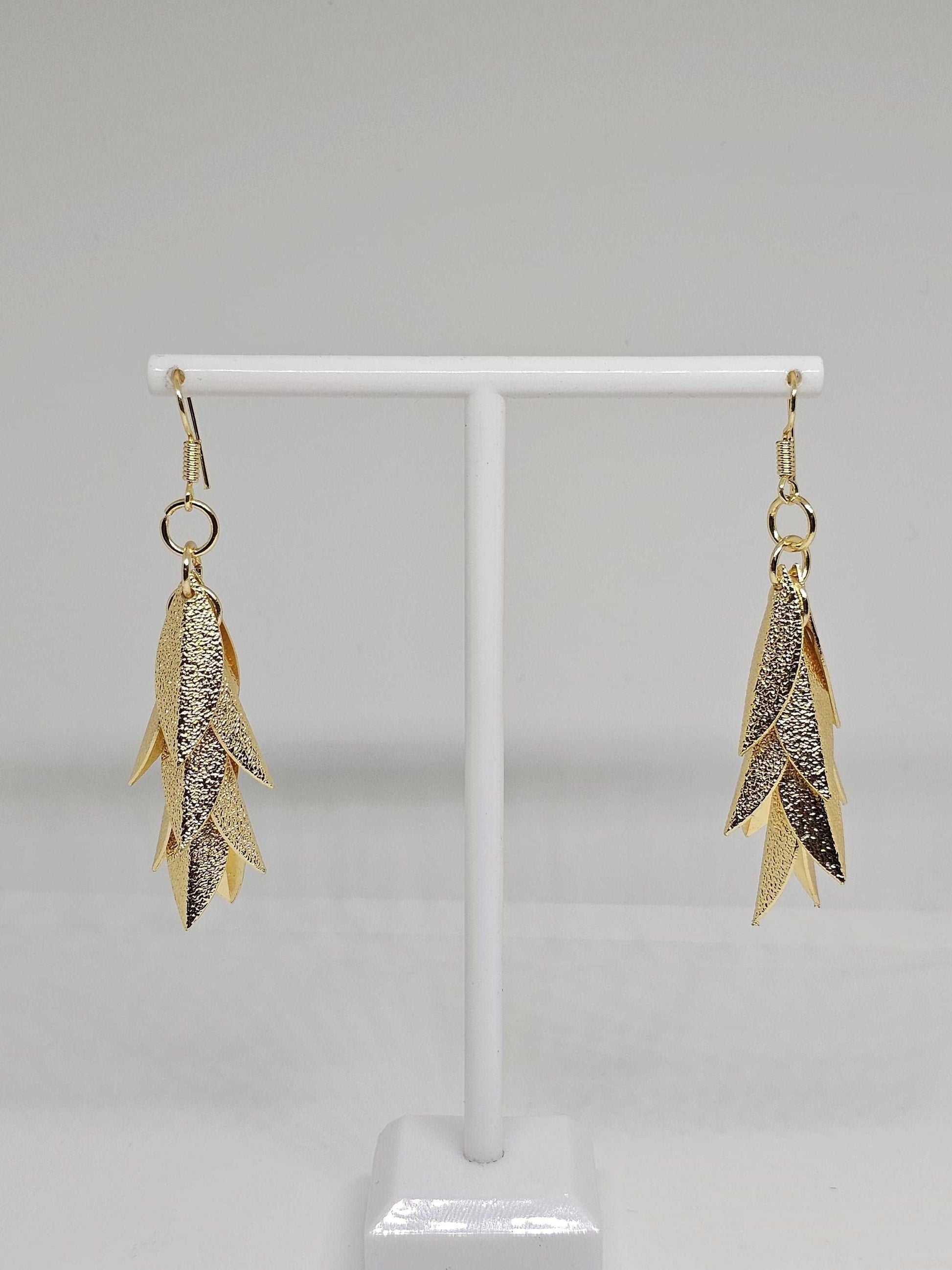 Handmade designer leaf earrings with textured gold-plated finish