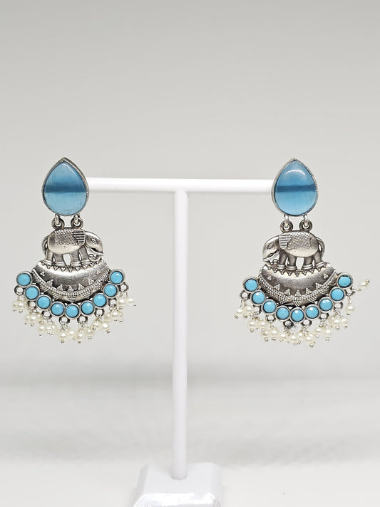 Handcrafted silver earrings with blue stones and elephant motif, pearl accents, boho chic statement jewelry