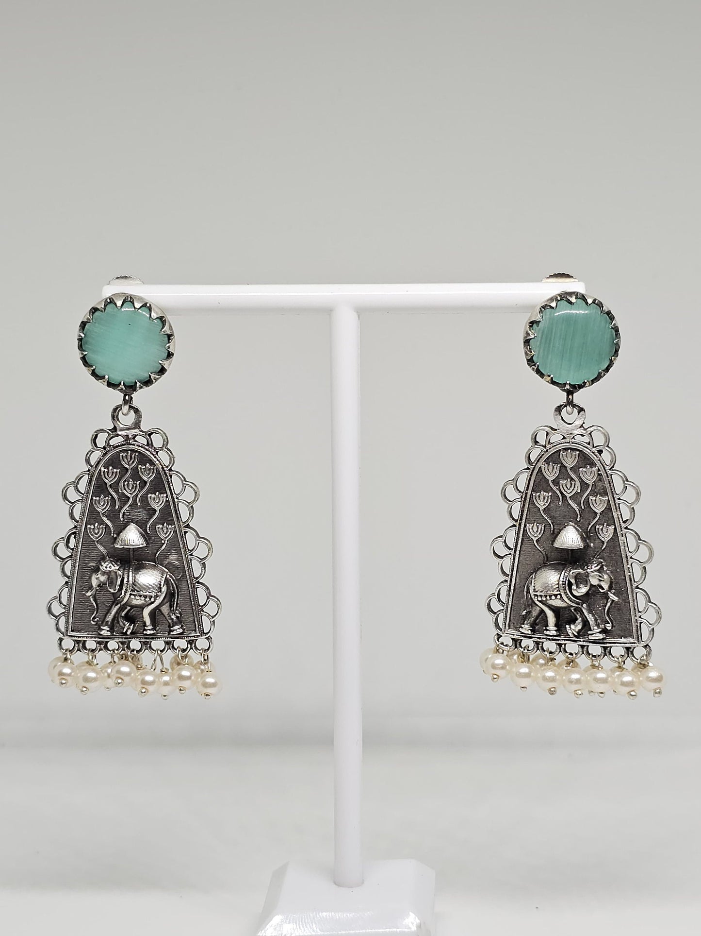 Handcrafted silver earrings with mint green stones and elephant motif, pearl accents, boho style jewelry