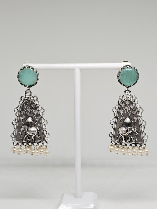 Handcrafted silver earrings with mint green stones and elephant motif, pearl accents, boho style jewelry
