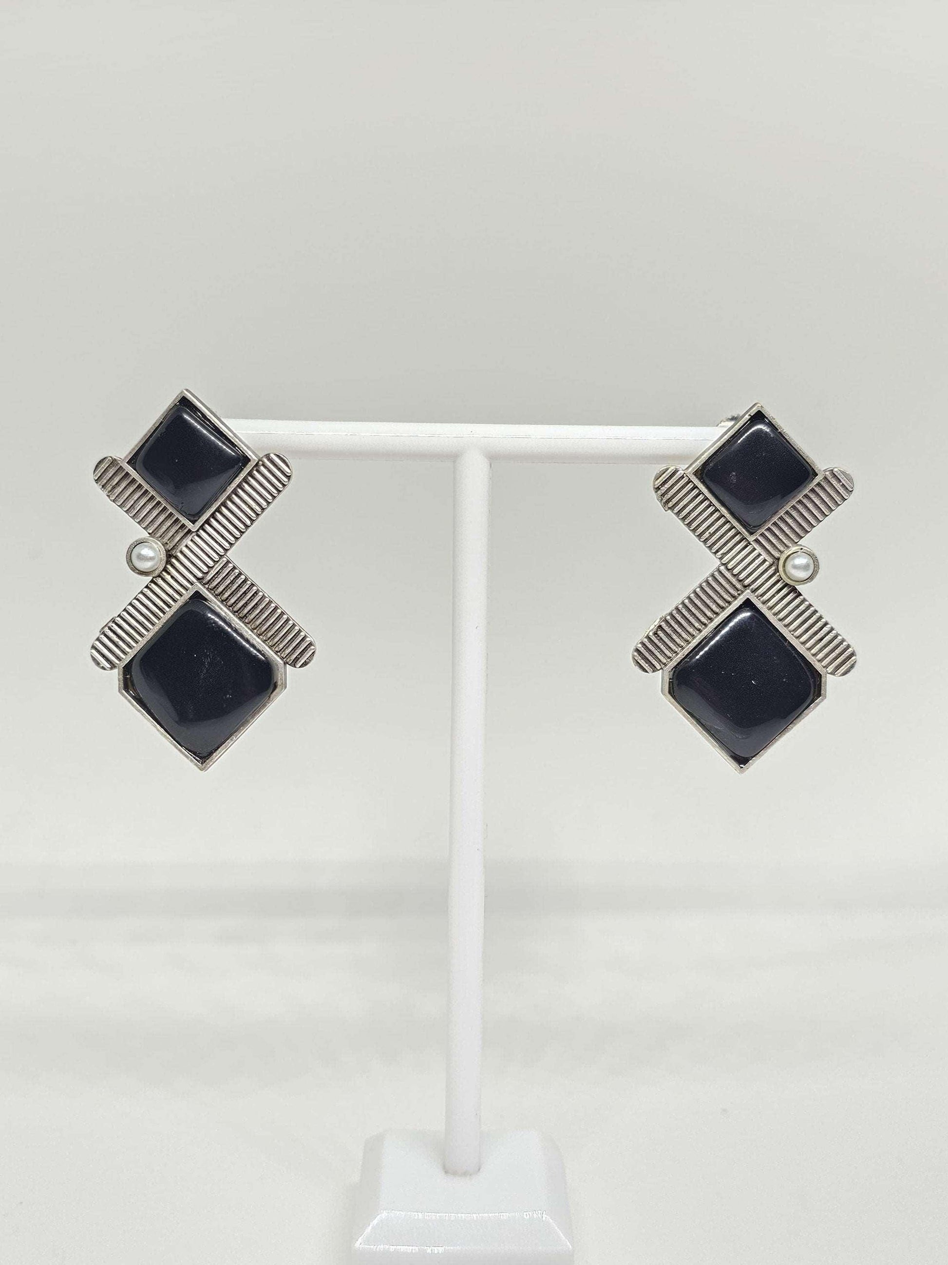 Geometric Black and Red Onyx Stud Earrings - Handmade Silver Plated Brass - Modern Statement Jewelry for Women - Artisan Gifts for Girls