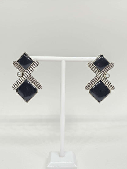 Geometric Black and Red Onyx Stud Earrings - Handmade Silver Plated Brass - Modern Statement Jewelry for Women - Artisan Gifts for Girls