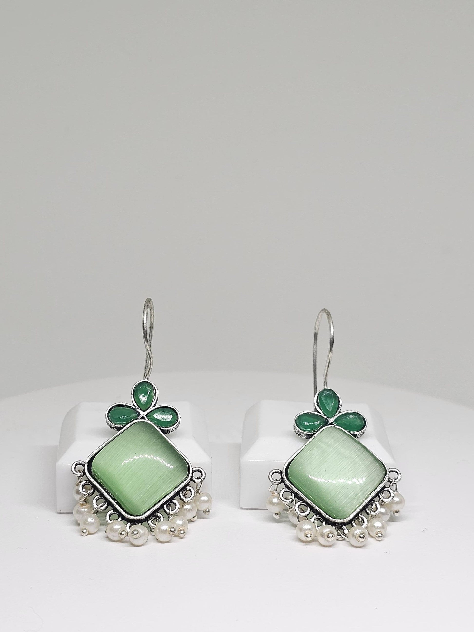 Handcrafted Green or Blue Gemstone Earrings with Pearl Accents - Boho Silver Dangle Earrings, Elegant Statement Jewelry for Women, Gift Idea
