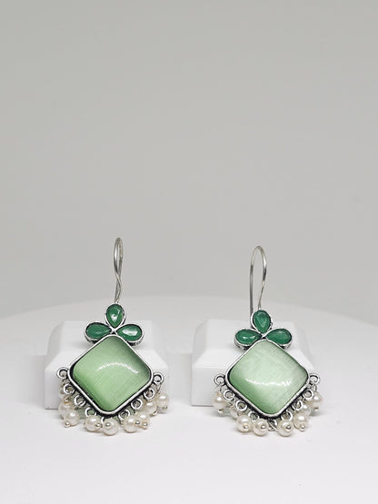 Handcrafted Green or Blue Gemstone Earrings with Pearl Accents - Boho Silver Dangle Earrings, Elegant Statement Jewelry for Women, Gift Idea